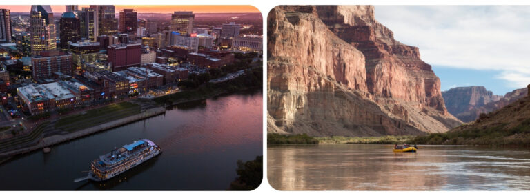 diptych of nashville river on the left and rafting through a canyon on the right