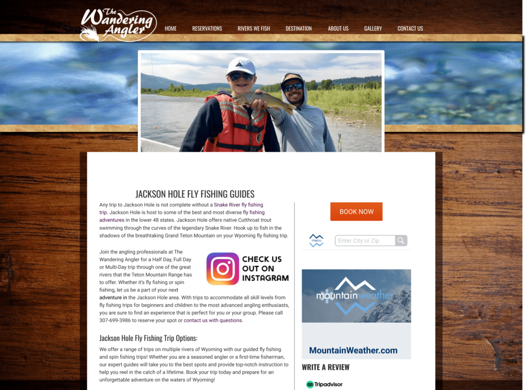 Image of the old Wandering Angler website for fishing trips in the Tetons